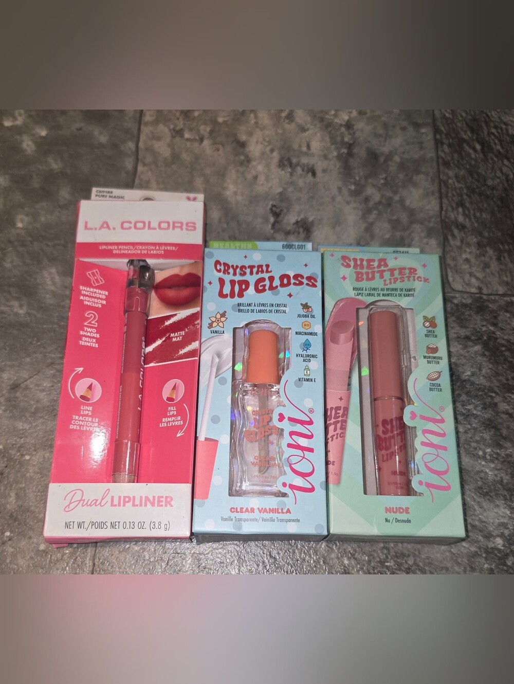 L.A. COLORS Lipliner, Ioni Crystal Lip Gloss & Shea Butter Lipstick Set - BNIB